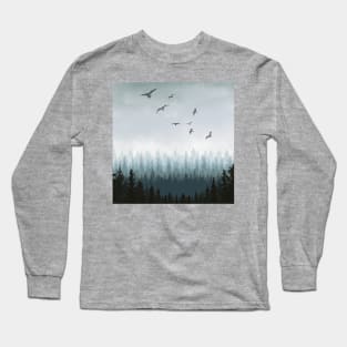 Cloudy or misty forest with pine trees and birds Long Sleeve T-Shirt